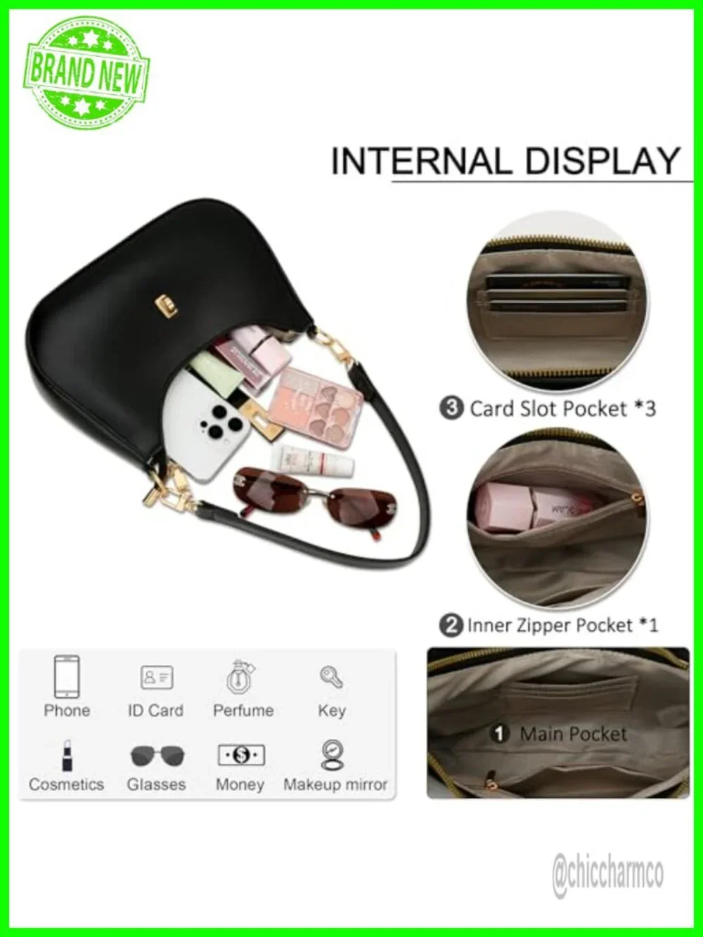 PU Leather Hobo Shoulder Bag Crescent Crossbody Purse Detachable Chain